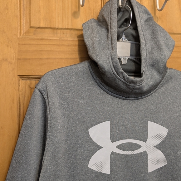 Under Amour UA Men's Med Hoodie Gray Cold Gear Fleece Big Logo Pullover Sweater - Picture 5 of 12